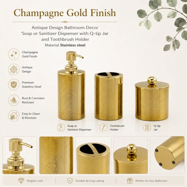 3 Piece Stainless Steel Bathroom Accessories Set with Soap Dispenser, Toothbrush Holder & Canister