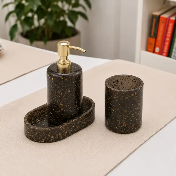 Black with Gold Flakes Bathroom Accessory Set 3 Black Soap Dispenser Set with Tray for Bathroom