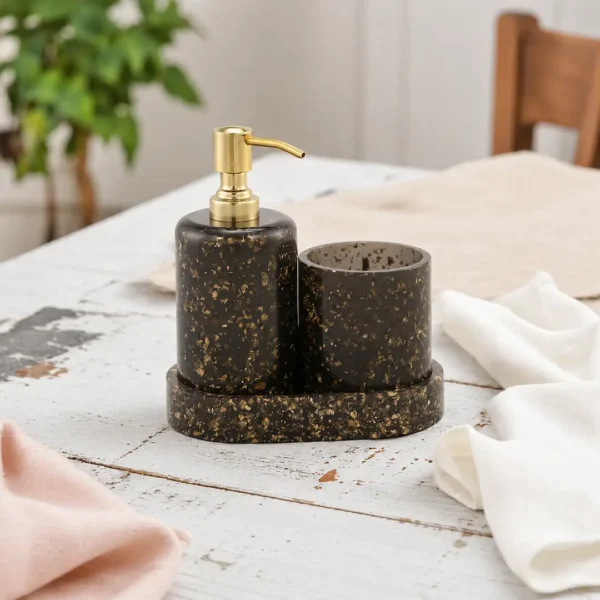Black with Gold Flakes Bathroom Accessory Set 5 Black Soap Dispenser Set with Tray for Bathroom