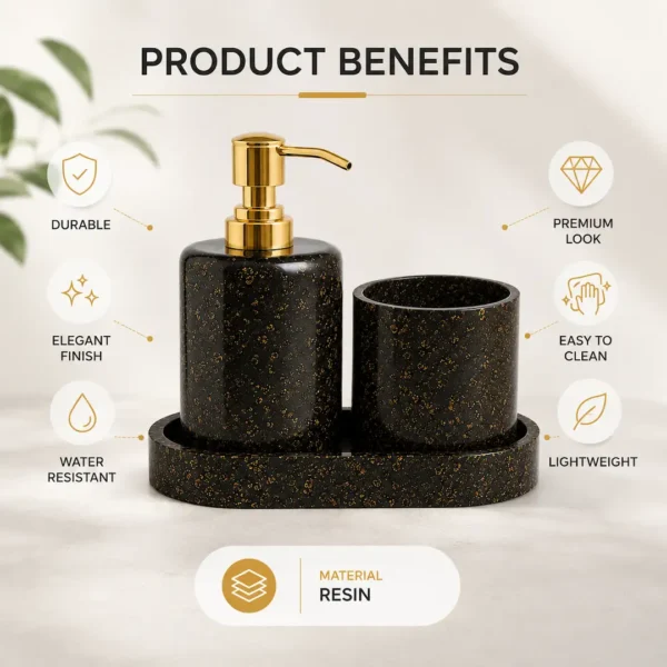 Black with Gold Flakes Bathroom Accessory Set Black Soap Dispenser Set with Tray for Bathroom