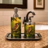 Enamel Coated Bathroom Set Premium Bird Printed Bathroom Accessory Set with Tray – Enamel Coated Soap Dispenser Set for Modern Bathrooms
