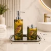 Enamel Coated Bathroom Set 2 Premium Bird Printed Bathroom Accessory Set with Tray – Enamel Coated Soap Dispenser Set for Modern Bathrooms