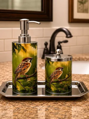 Premium Bird Printed Bathroom Accessory Set with Tray – Enamel Coated Soap Dispenser Set for Modern Bathrooms