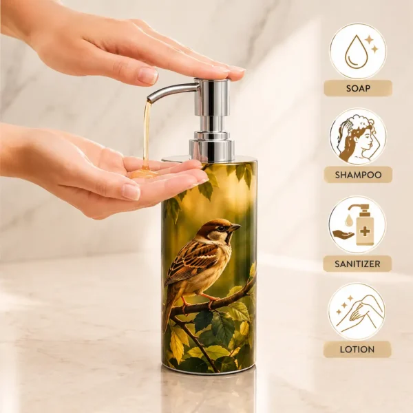 Enamel Coated Bathroom Set 4 Premium Bird Printed Bathroom Accessory Set with Tray – Enamel Coated Soap Dispenser Set for Modern Bathrooms