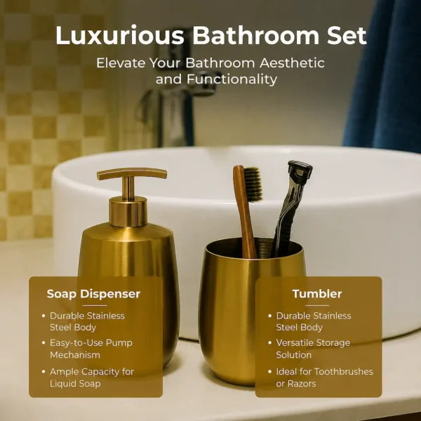 Premium Gold Soap Dispenser Set for Bathroom | Soap Dispenser & Tumbler Bathroom Accessory Set of 2
