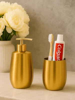 Premium Gold Soap Dispenser Set for Bathroom | Soap Dispenser & Tumbler Bathroom Accessory Set of 2