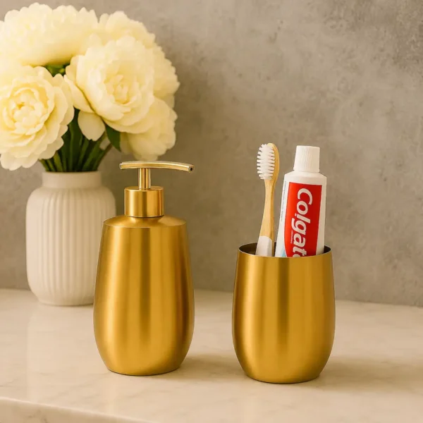 Premium Gold Soap Dispenser Set for Bathroom | Soap Dispenser & Tumbler Bathroom Accessory Set of 2