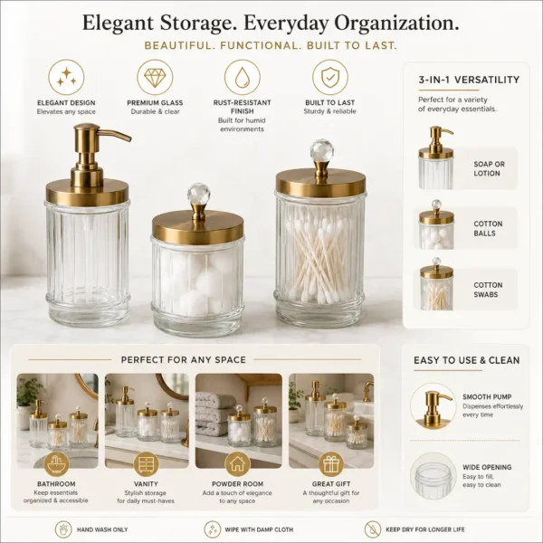 Luxury Glass Bathroom Accessory Set of 3 with Gold Stainless Steel Lids 2 Luxury Glass Bathroom Accessory Set of 3 with Gold Stainless Steel Lids