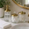 Luxury Glass Bathroom Accessory Set of 3 with Gold Stainless Steel Lids 3 Luxury Glass Bathroom Accessory Set of 3 with Gold Stainless Steel Lids