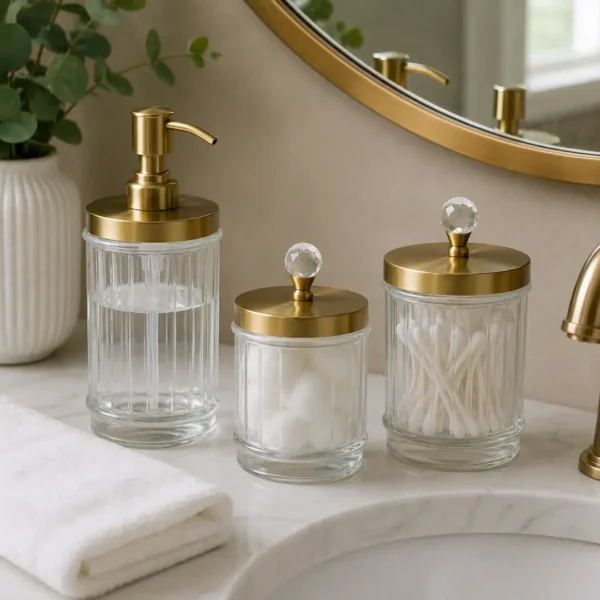 Luxury Glass Bathroom Accessory Set of 3 with Gold Stainless Steel Lids 3 Luxury Glass Bathroom Accessory Set of 3 with Gold Stainless Steel Lids