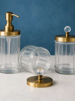 Luxury Glass Bathroom Accessory Set of 3 with Gold Stainless Steel Lids