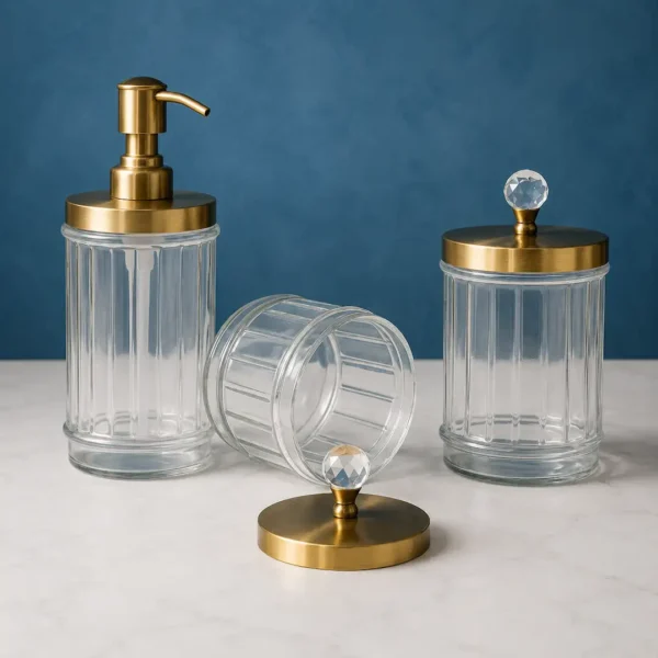 Luxury Glass Bathroom Accessory Set of 3 with Gold Stainless Steel Lids 4 Luxury Glass Bathroom Accessory Set of 3 with Gold Stainless Steel Lids