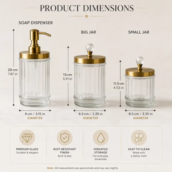 Luxury Glass Bathroom Accessory Set of 3 with Gold Stainless Steel Lids Luxury Glass Bathroom Accessory Set of 3 with Gold Stainless Steel Lids