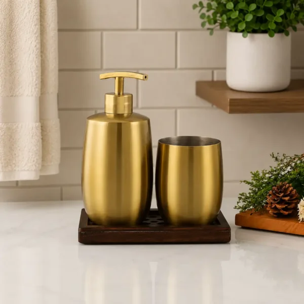 Luxury Gold Soap Dispenser Set for Bathroom with Wooden Tray 2 Luxury Gold Soap Dispenser Set for Bathroom with Wooden Tray