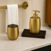 Luxury Gold Soap Dispenser Set for Bathroom with Wooden Tray 3 Luxury Gold Soap Dispenser Set for Bathroom with Wooden Tray