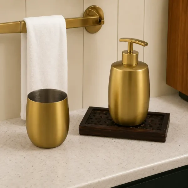 Luxury Gold Soap Dispenser Set for Bathroom with Wooden Tray 3 Luxury Gold Soap Dispenser Set for Bathroom with Wooden Tray