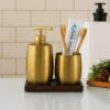 Luxury Gold Soap Dispenser Set for Bathroom with Wooden Tray 4 Luxury Gold Soap Dispenser Set for Bathroom with Wooden Tray