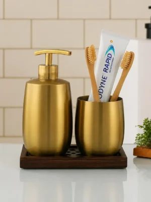 Luxury Gold Soap Dispenser Set for Bathroom with Wooden Tray