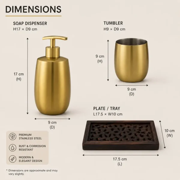 Luxury Gold Soap Dispenser Set for Bathroom with Wooden Tray Luxury Gold Soap Dispenser Set for Bathroom with Wooden Tray