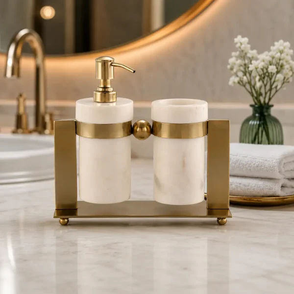 Luxury Marble Bathroom Accessories Set with Stainless Steel Gold Stand | Soap Dispenser and Tumbler Set