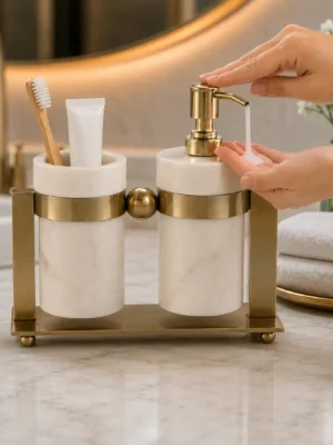 Luxury Marble Bathroom Accessories Set with Stainless Steel Gold Stand | Soap Dispenser and Tumbler Set