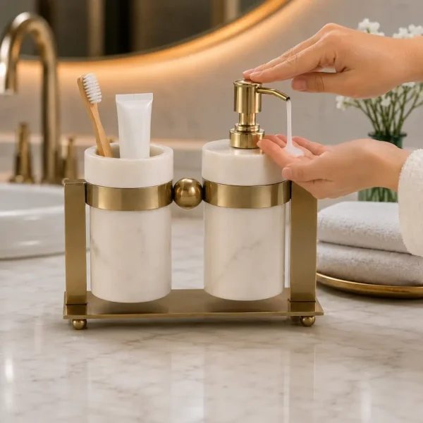 Luxury Marble Bathroom Accessories Set with Stainless Steel Gold Stand | Soap Dispenser and Tumbler Set