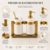 Luxury Marble Bathroom Accessories Set with Stainless Steel Gold Stand | Soap Dispenser and Tumbler Set