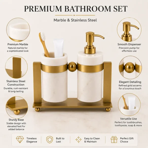 Luxury Marble Bathroom Accessories Set with Stainless Steel Gold Stand | Soap Dispenser and Tumbler Set