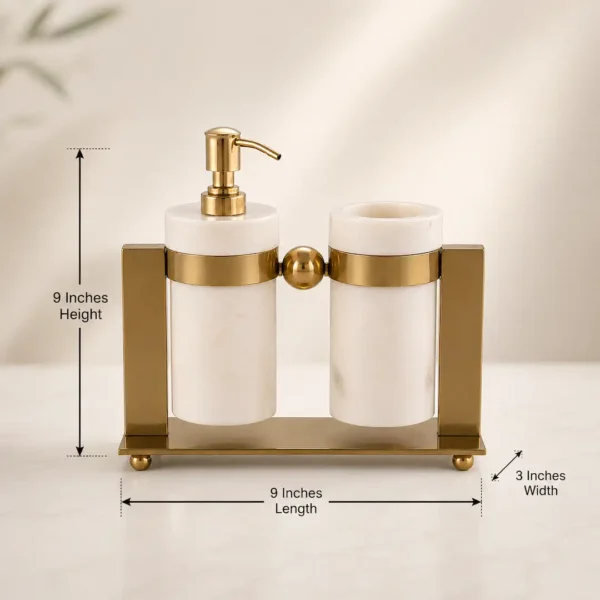 Luxury Marble Bathroom Accessories Set with Stainless Steel Gold Stand | Soap Dispenser and Tumbler Set