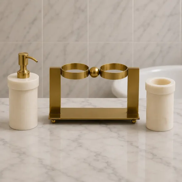 Luxury Marble Bathroom Accessories Set with Stainless Steel Gold Stand | Soap Dispenser and Tumbler Set