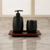 Matte Black Bathroom Accessory Set with Wooden Tray