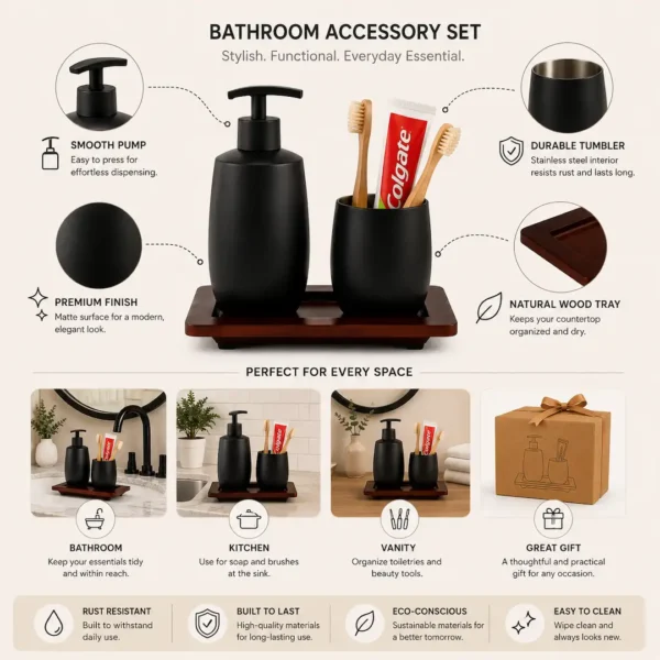 Matte Black Bathroom Accessory Set with Wooden Tray 2 Matte Black Bathroom Accessory Set with Wooden Tray