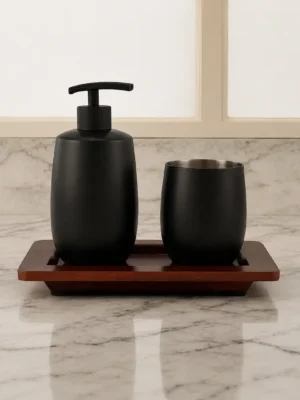 Matte Black Bathroom Accessory Set with Wooden Tray