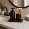 Matte Black Bathroom Accessory Set with Wooden Tray 4 Matte Black Bathroom Accessory Set with Wooden Tray