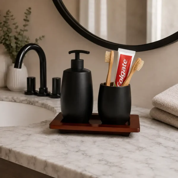 Matte Black Bathroom Accessory Set with Wooden Tray 4 Matte Black Bathroom Accessory Set with Wooden Tray