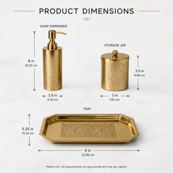 Premium Gold Engraved Bathroom Accessories Set 2 Gold Engraved Bathroom Accessories Set with Soap Dispenser, Storage Canister & Decorative Tray