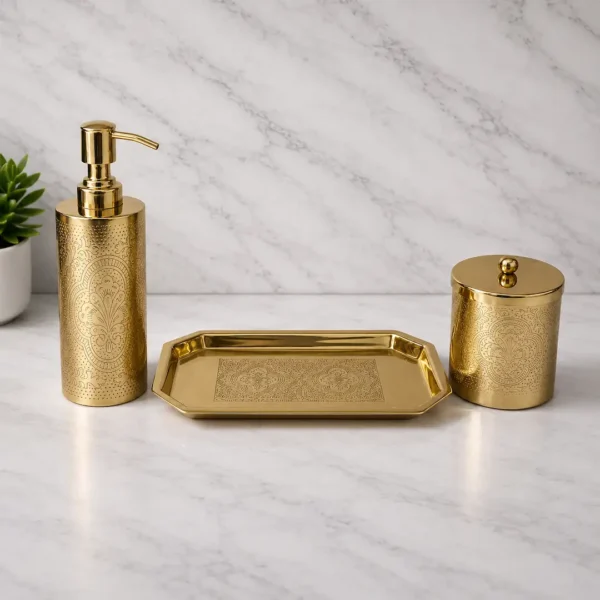 Premium Gold Engraved Bathroom Accessories Set 3 Gold Engraved Bathroom Accessories Set with Soap Dispenser, Storage Canister & Decorative Tray