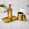 Premium Gold Engraved Bathroom Accessories Set 4 Gold Engraved Bathroom Accessories Set with Soap Dispenser, Storage Canister & Decorative Tray