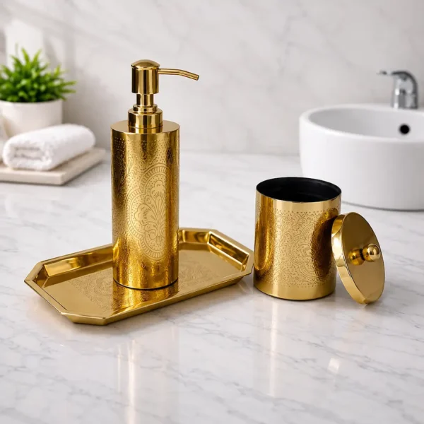 Premium Gold Engraved Bathroom Accessories Set 4 Gold Engraved Bathroom Accessories Set with Soap Dispenser, Storage Canister & Decorative Tray
