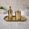 Premium Gold Engraved Bathroom Accessories Set 5 Gold Engraved Bathroom Accessories Set with Soap Dispenser, Storage Canister & Decorative Tray