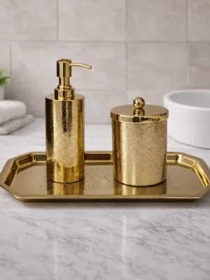 Gold Engraved Bathroom Accessories Set with Soap Dispenser, Storage Canister & Decorative Tray