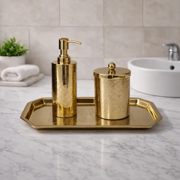 Premium Gold Engraved Bathroom Accessories Set 5 Gold Engraved Bathroom Accessories Set with Soap Dispenser, Storage Canister & Decorative Tray
