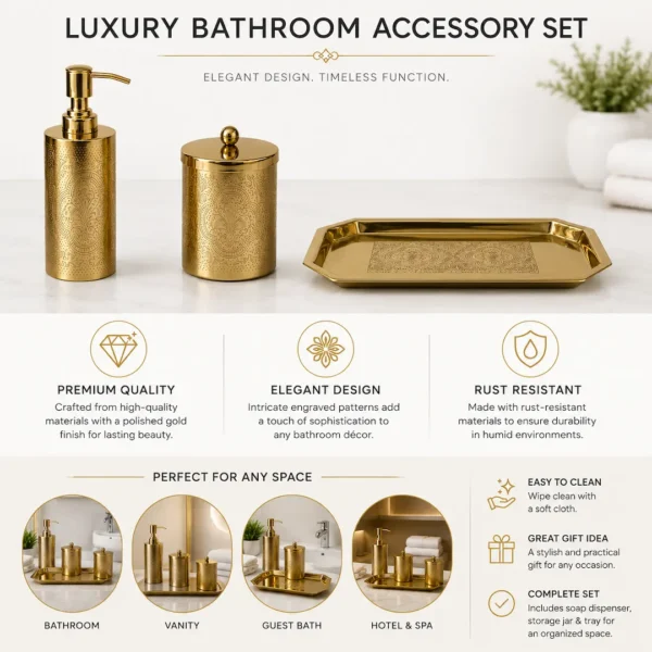 Premium Gold Engraved Bathroom Accessories Set Gold Engraved Bathroom Accessories Set with Soap Dispenser, Storage Canister & Decorative Tray