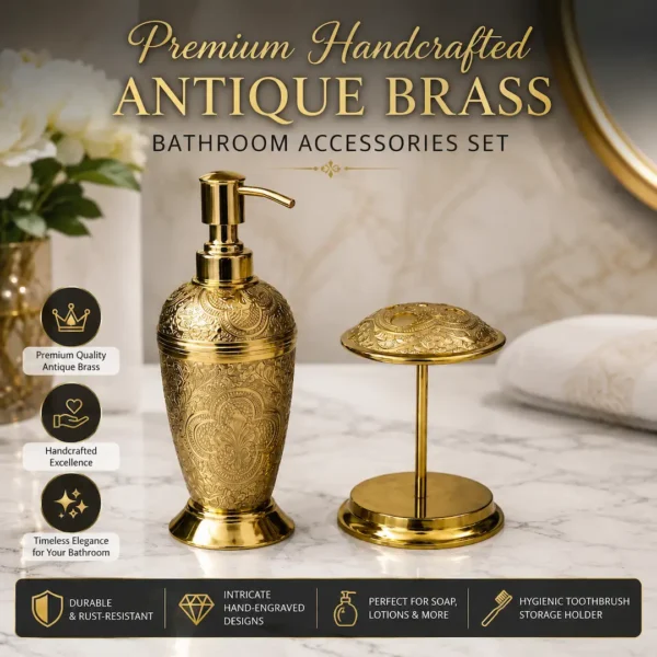 Premium Handcrafted Antique Brass Bathroom Accessories Set 2 Antique Brass Bathroom Accessories Set with Soap Dispenser & Toothbrush Stand