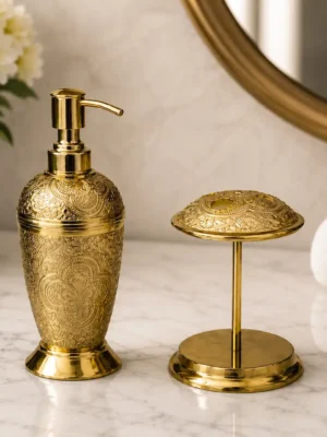 Antique Brass Bathroom Accessories Set with Soap Dispenser &  Toothbrush Stand