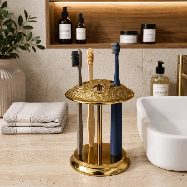 Premium Handcrafted Antique Brass Bathroom Accessories Set 4 Antique Brass Bathroom Accessories Set with Soap Dispenser & Toothbrush Stand