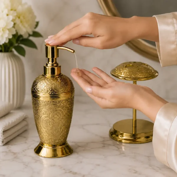 Premium Handcrafted Antique Brass Bathroom Accessories Set 5 Antique Brass Bathroom Accessories Set with Soap Dispenser & Toothbrush Stand