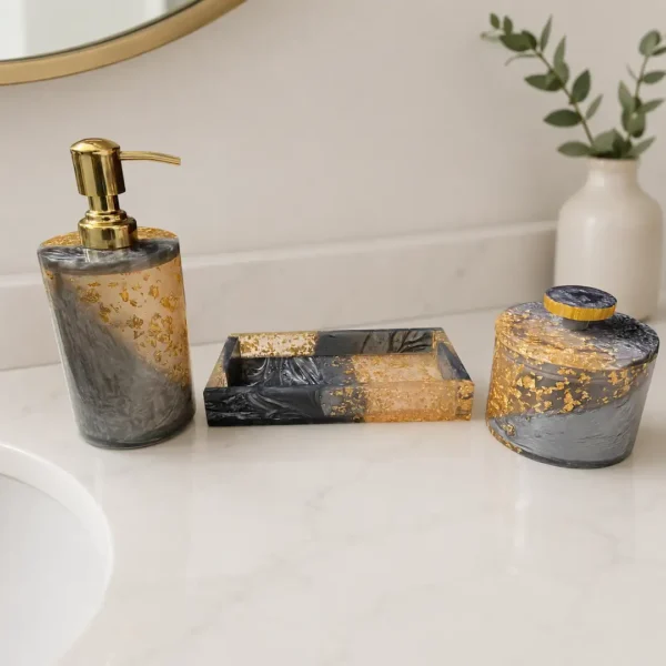 Resin Black & Gold Glitter Bathroom Accessory Set 5 Luxury Black & Gold Resin Bathroom Accessories Set