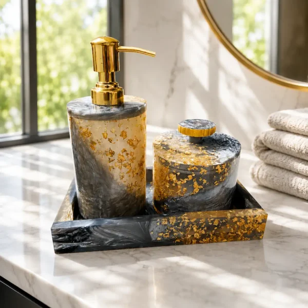 Resin Black & Gold Glitter Bathroom Accessory Set3 Luxury Black & Gold Resin Bathroom Accessories Set