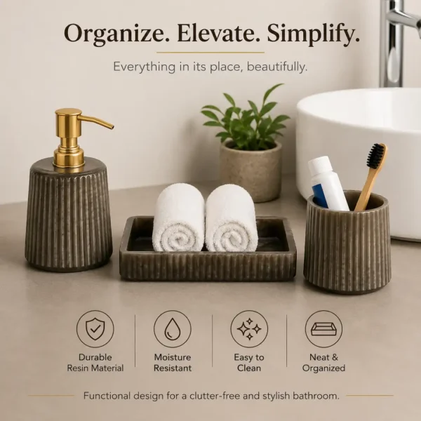 Resin Charcoal Finish Bathroom Countertop Accessory Set 3 Resin Charcoal Finish Bathroom Countertop Accessory Set